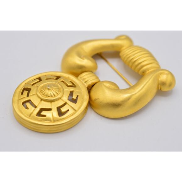 Givenchy Vintage Logo Pin Brooch Brushed Gold Door Knocker Chunky Signed BinF - Picture 4 of 10